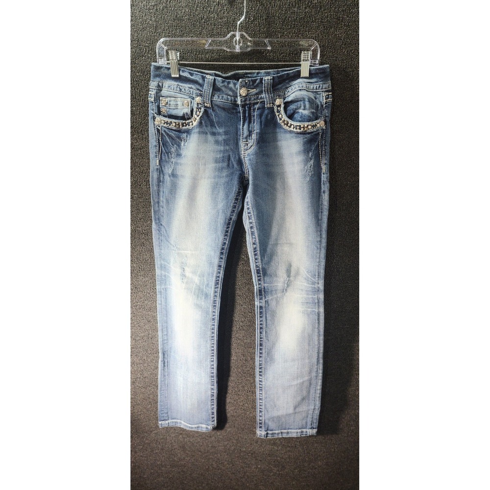 Miss Me Straight Leg Studded Rhinestone Distressed Jeans Blue Size 30 JES755T3L